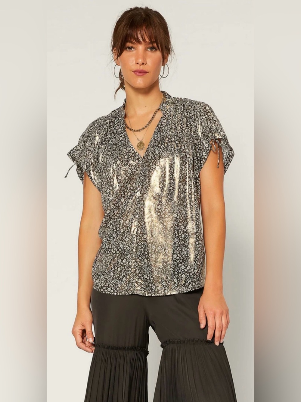 CURRENT AIR Blouse Dropped S-Sleeves Ditsy Reverse Print Foil Metallic L